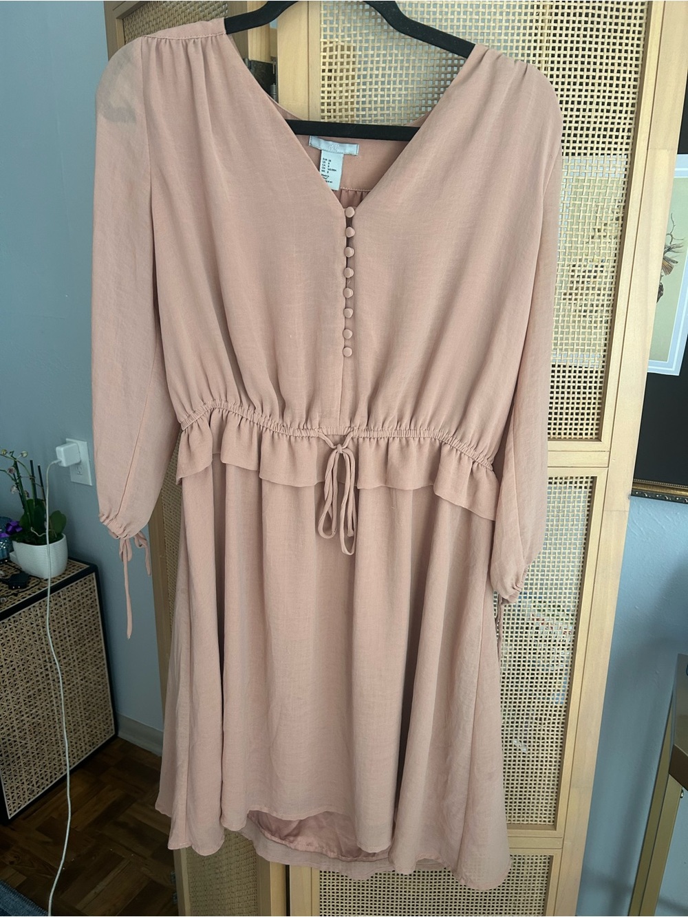 H&M Blush Pink Button Front Mini Dress Size 8 Flowy Boho